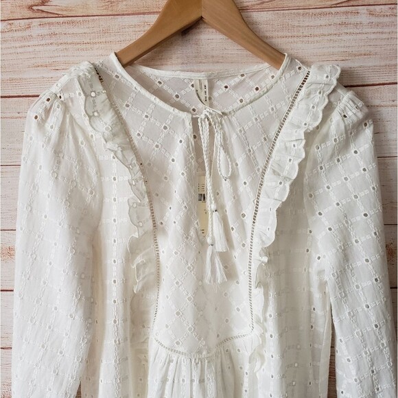 Anthropologie Eyelet Tie Neck 100% Cotton Summer Dress White Size 4 Round Neck - Picture 4 of 12